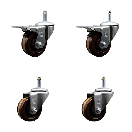 Service Caster 3'' High Temp Phenolic Wheel Swivel 7/16'' Stem Caster Set 2 Total Lock Brake, 4PK SCC-GRTTL20S314-PHRHT-716138-2-S-2
